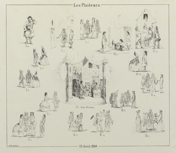 32692 Afbeelding van zestien taferelen van het toneelstuk Les Plaideurs (van Jean Racine), opgevoerd in Paushuize te Utrecht.